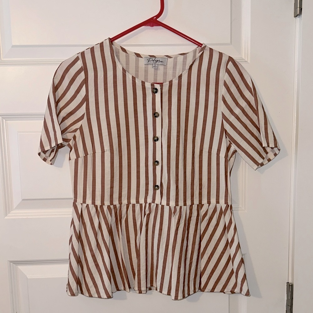 Polagram Rust Red and Ivory Button Down Striped Peplum Top